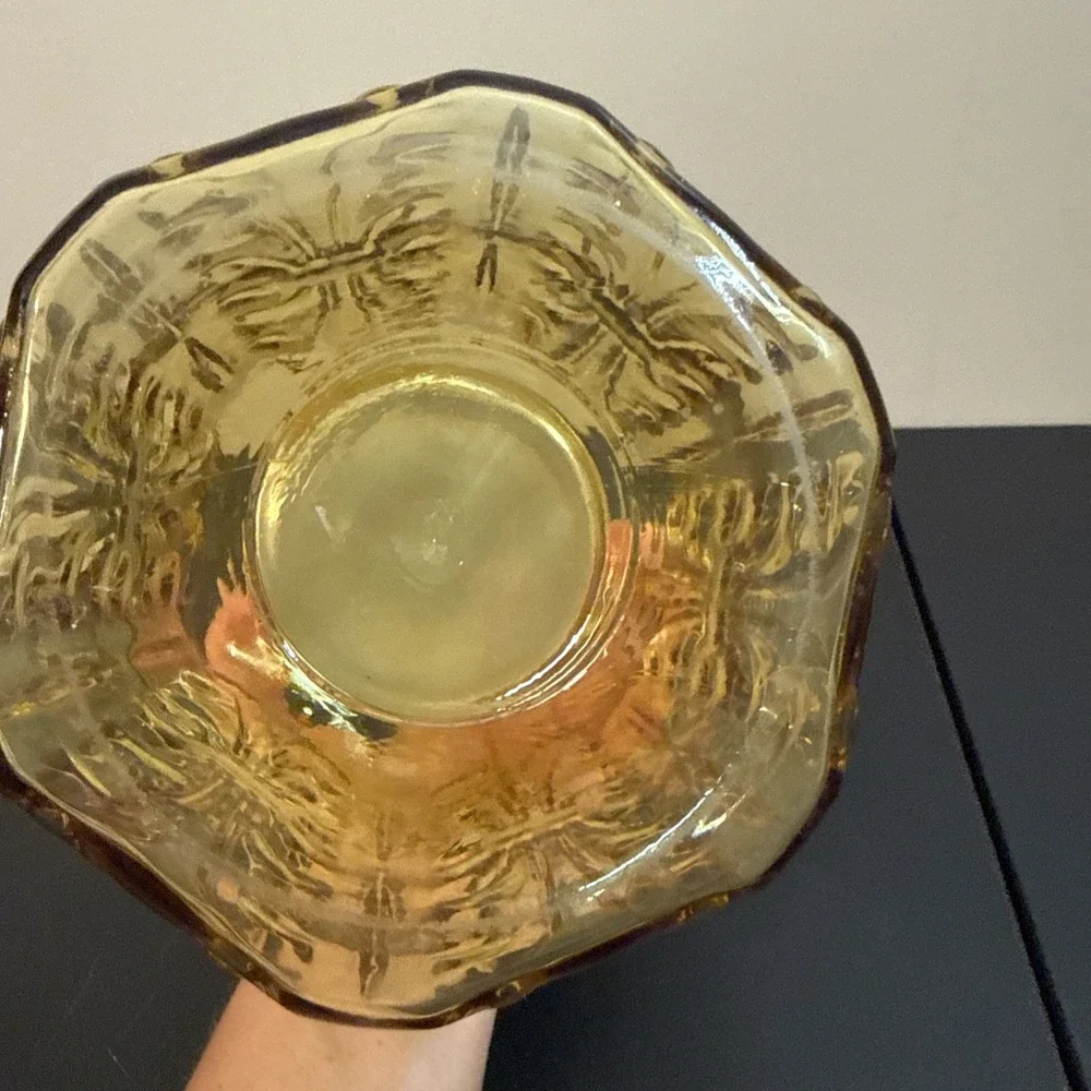 Vintage LE Smith Amber Yellow Glass Lidded Canister Imperial Atterbury Scroll 9